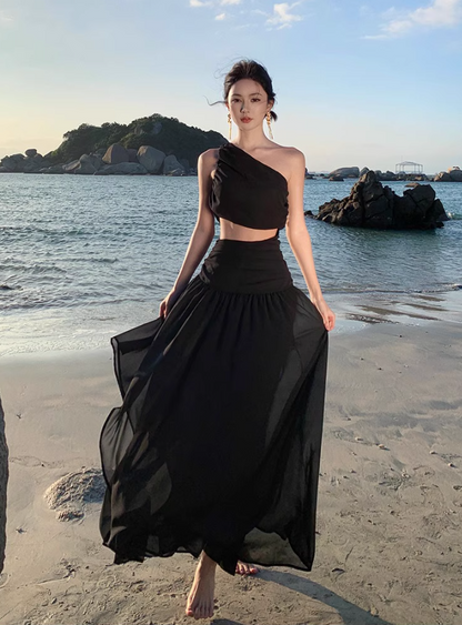 Unique LBD One Shoulder Sleeveless Maxi Dress Open-Waist Asymmetric Neck Long Dress AP0607