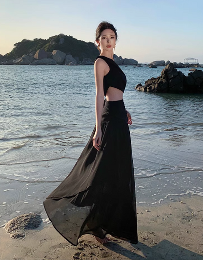 Unique LBD One Shoulder Sleeveless Maxi Dress Open-Waist Asymmetric Neck Long Dress AP0607