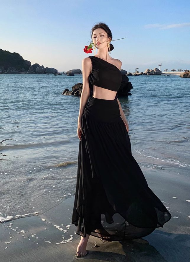 Unique LBD One Shoulder Sleeveless Maxi Dress Open-Waist Asymmetric Neck Long Dress AP0607