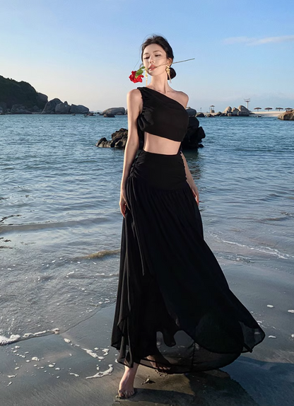 Unique LBD One Shoulder Sleeveless Maxi Dress Open-Waist Asymmetric Neck Long Dress AP0607