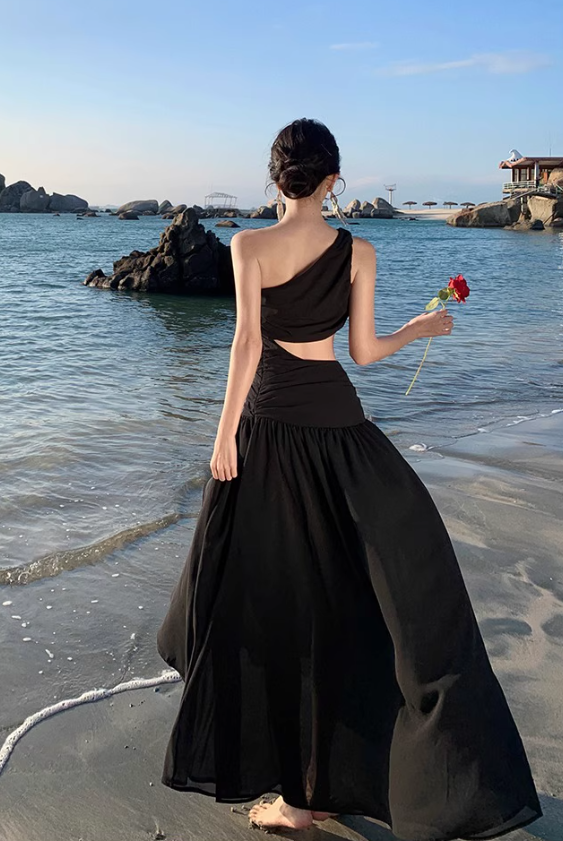 Unique LBD One Shoulder Sleeveless Maxi Dress Open-Waist Asymmetric Neck Long Dress AP0607