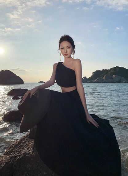 Unique LBD One Shoulder Sleeveless Maxi Dress Open-Waist Asymmetric Neck Long Dress AP0607