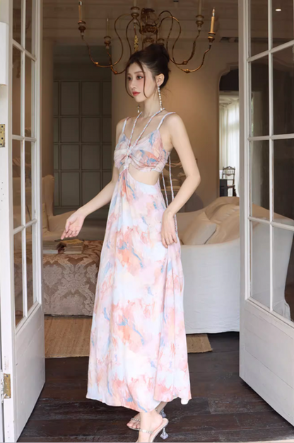 French Retro Oil Painting Style Maxi Dress Open-Waist Halter Neck Long Dress AP0608