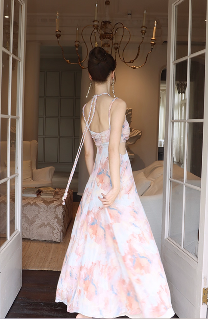 French Retro Oil Painting Style Maxi Dress Open-Waist Halter Neck Long Dress AP0608