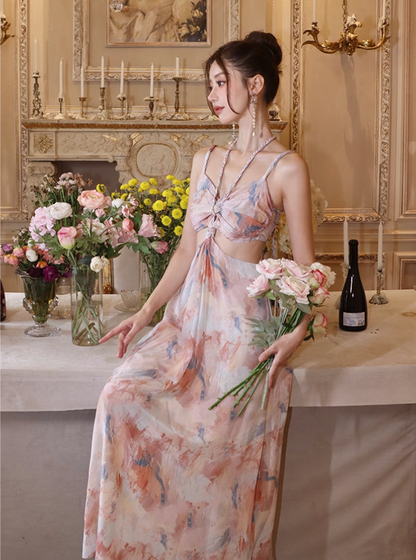 French Retro Oil Painting Style Maxi Dress Open-Waist Halter Neck Long Dress AP0608