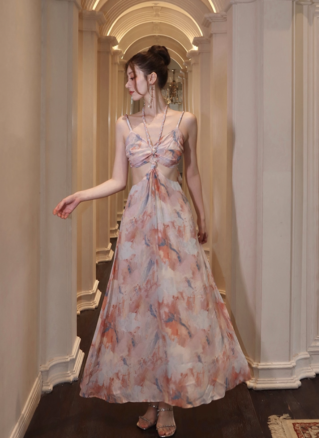 French Retro Oil Painting Style Maxi Dress Open-Waist Halter Neck Long Dress AP0608