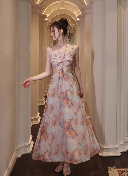 French Retro Oil Painting Style Maxi Dress Open-Waist Halter Neck Long Dress AP0608