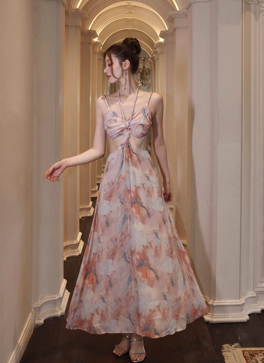 French Retro Oil Painting Style Maxi Dress Open-Waist Halter Neck Long Dress AP0608