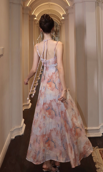 French Retro Oil Painting Style Maxi Dress Open-Waist Halter Neck Long Dress AP0608