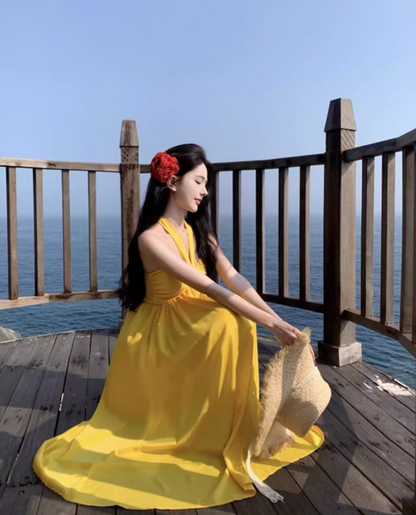 Vacation Vibe Waist-Cinching Maxi Dress Backless Tropical Vibrant Halter Long Dress AP0609