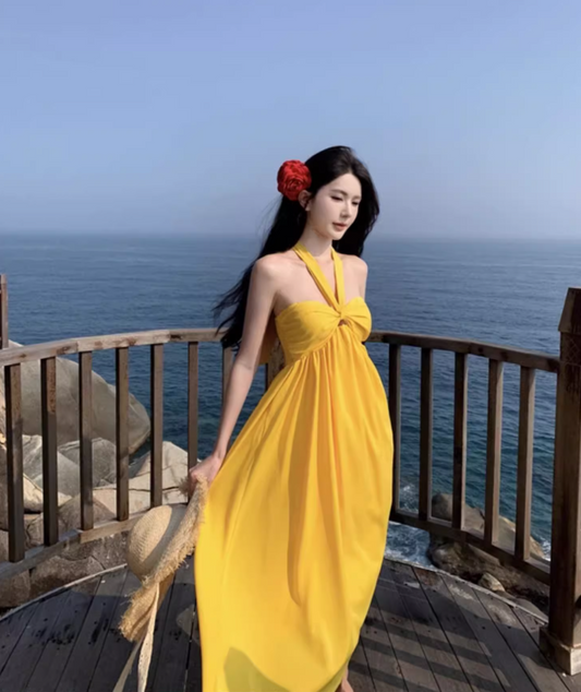 Vacation Vibe Waist-Cinching Maxi Dress Backless Tropical Vibrant Halter Long Dress AP0609