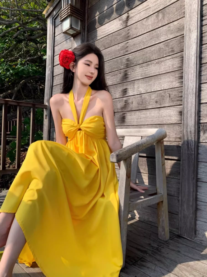 Vacation Vibe Waist-Cinching Maxi Dress Backless Tropical Vibrant Halter Long Dress AP0609