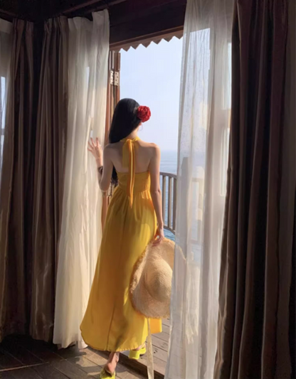 Vacation Vibe Waist-Cinching Maxi Dress Backless Tropical Vibrant Halter Long Dress AP0609