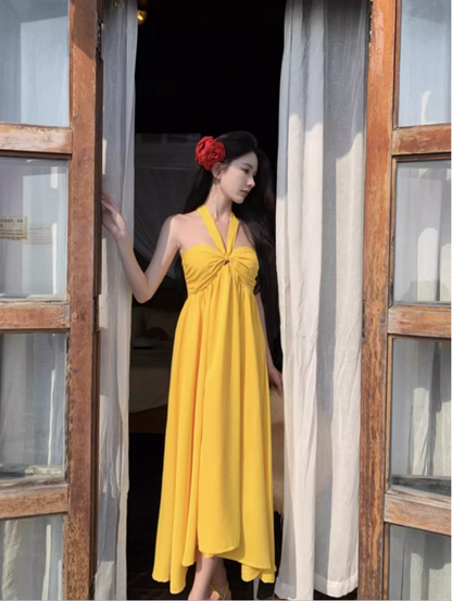 Vacation Vibe Waist-Cinching Maxi Dress Backless Tropical Vibrant Halter Long Dress AP0609