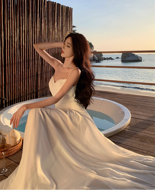 Elegant Hi-Lo Socialite Maxi Dress Waist-Cinching Sweep Train Long Dress AP0610