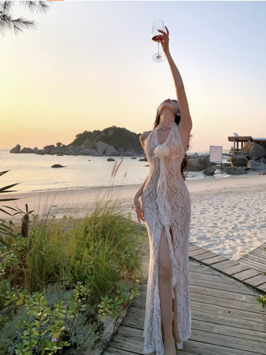 Floral Lace Design Sheath Maxi Dress High-Slit Double Layers Bodycon Halter Long Dress AP0611