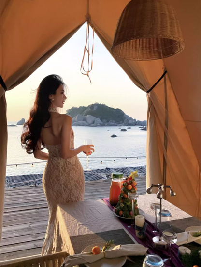 Floral Lace Design Sheath Maxi Dress High-Slit Double Layers Bodycon Halter Long Dress AP0611