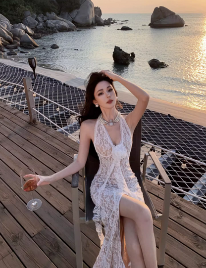 Floral Lace Design Sheath Maxi Dress High-Slit Double Layers Bodycon Halter Long Dress AP0611