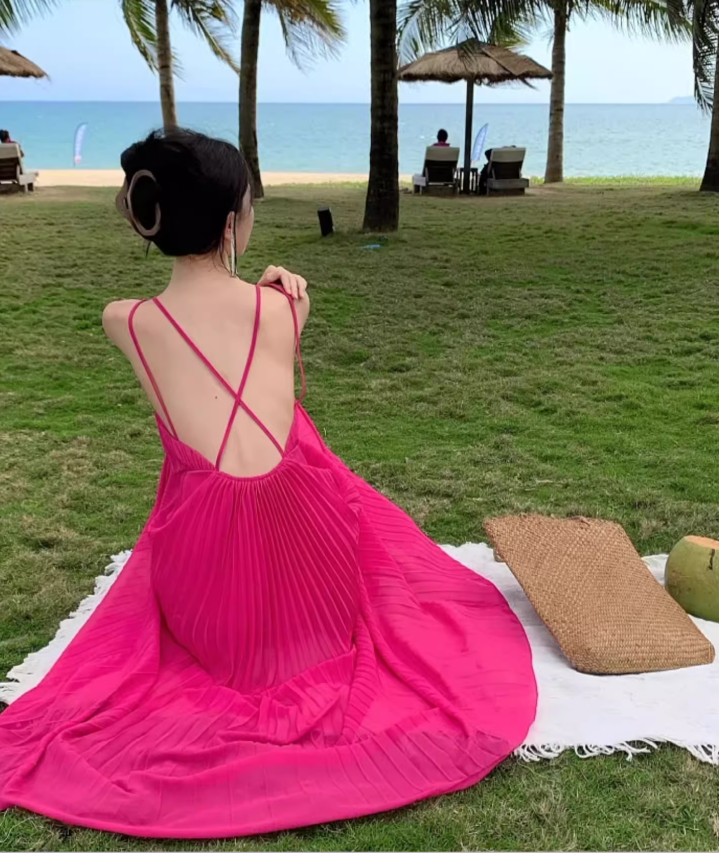 Vibrant Cross Back Tie Dopamine Maxi Dress Waist-Cinching Gingham Halter Long Dress AP0612