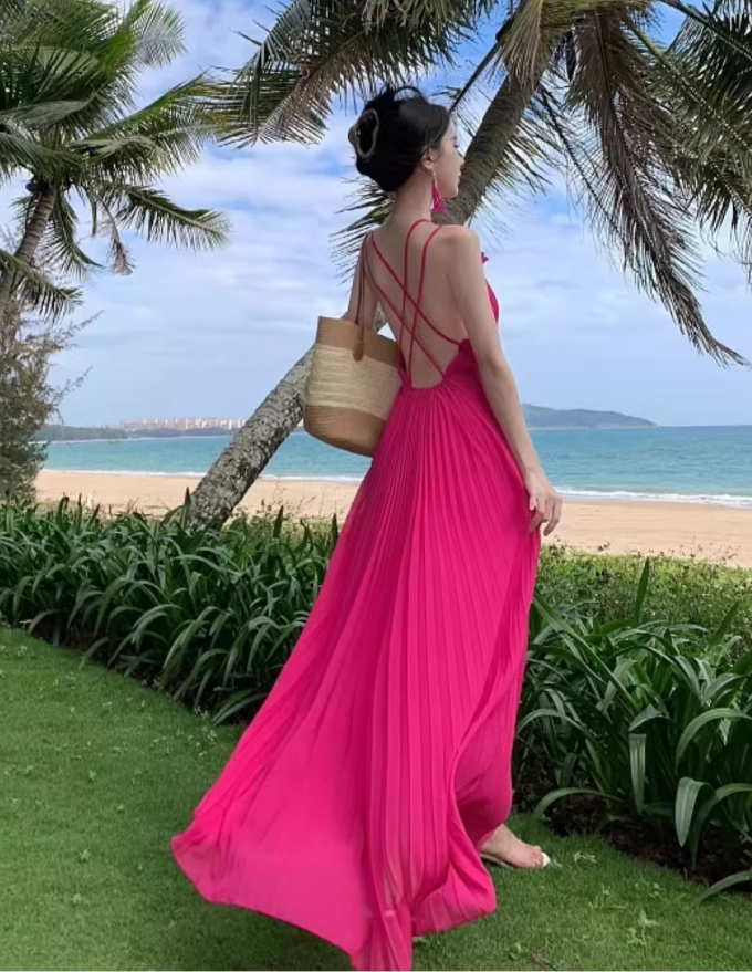 Vibrant Cross Back Tie Dopamine Maxi Dress Waist-Cinching Gingham Halter Long Dress AP0612