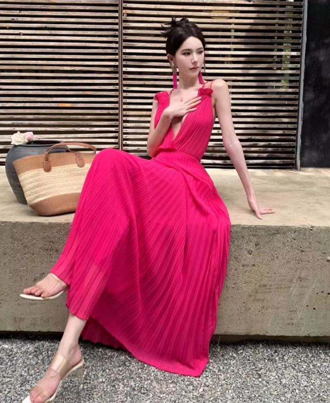 Vibrant Cross Back Tie Dopamine Maxi Dress Waist-Cinching Gingham Halter Long Dress AP0612