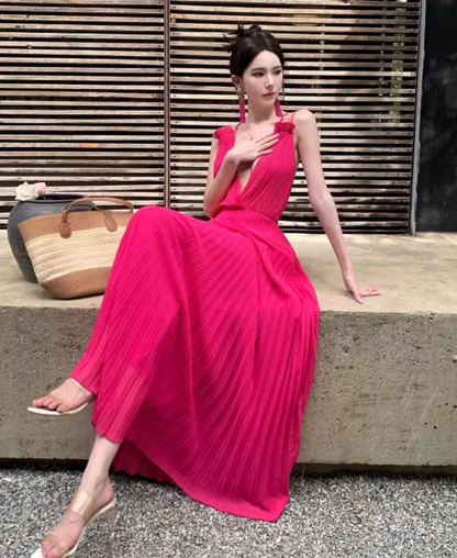 Vibrant Cross Back Tie Dopamine Maxi Dress Waist-Cinching Gingham Halter Long Dress AP0612