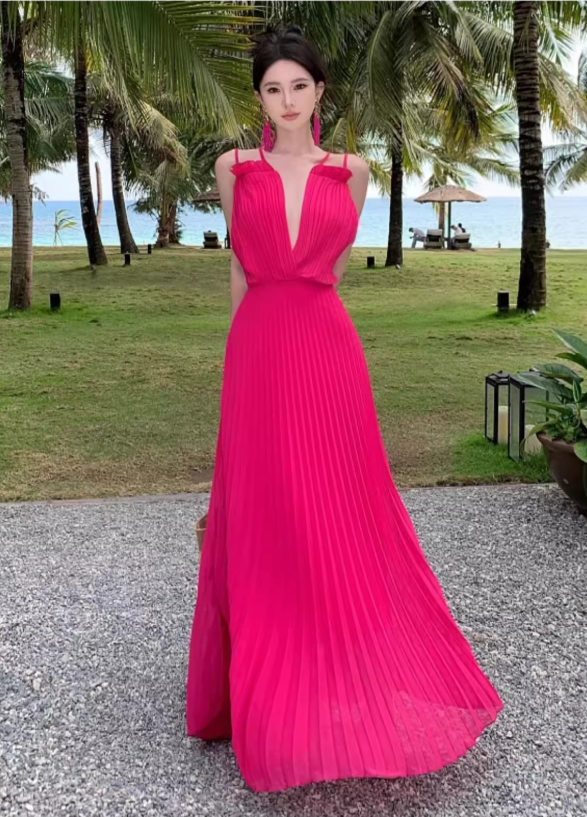 Vibrant Cross Back Tie Dopamine Maxi Dress Waist-Cinching Gingham Halter Long Dress AP0612