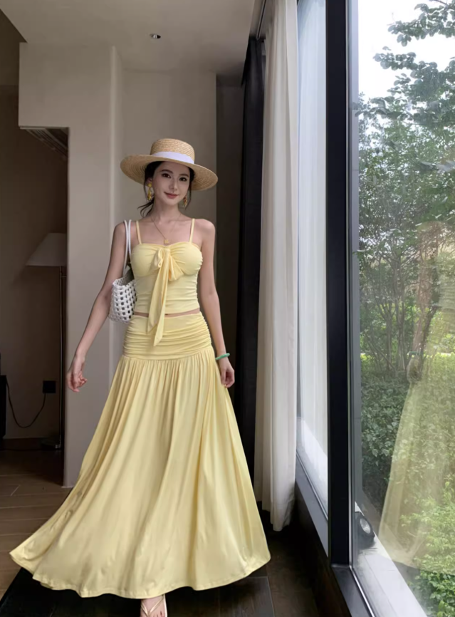 New Arrival Breathable Open Waist Two-Piece Maxi Dress Sleeveless Vacation Outfit Long Dress AP0613