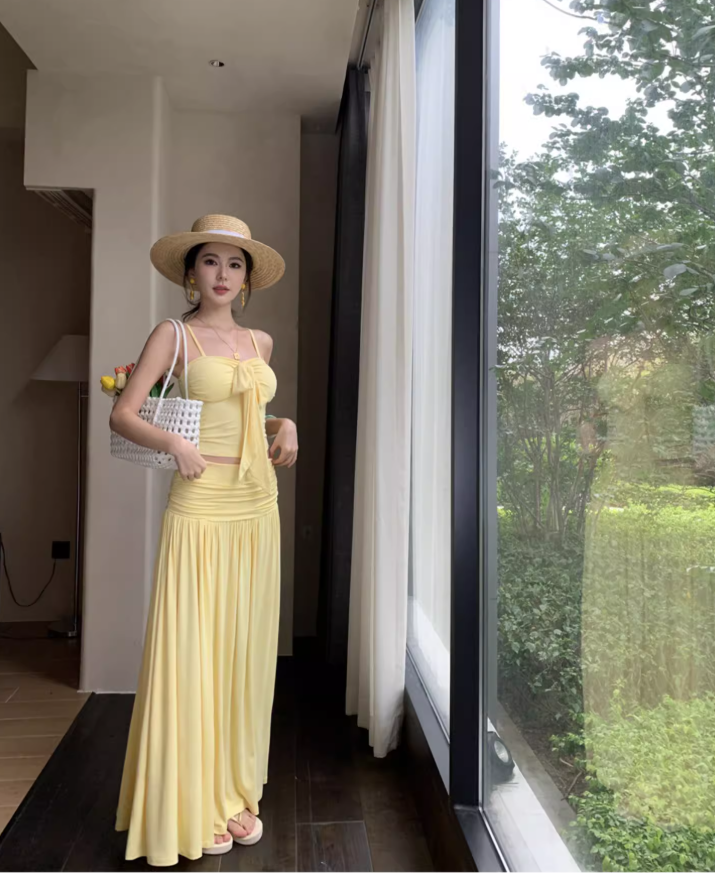 New Arrival Breathable Open Waist Two-Piece Maxi Dress Sleeveless Vacation Outfit Long Dress AP0613