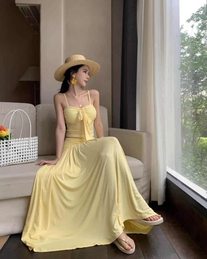 New Arrival Breathable Open Waist Two-Piece Maxi Dress Sleeveless Vacation Outfit Long Dress AP0613