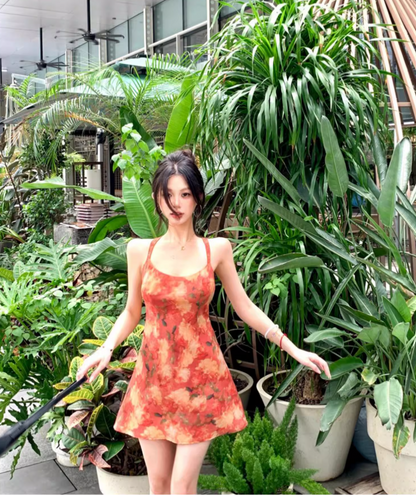 Vintage Backless Floral Print A-Line Skirt Vibrant Fitting Halter Short Dress AP0616