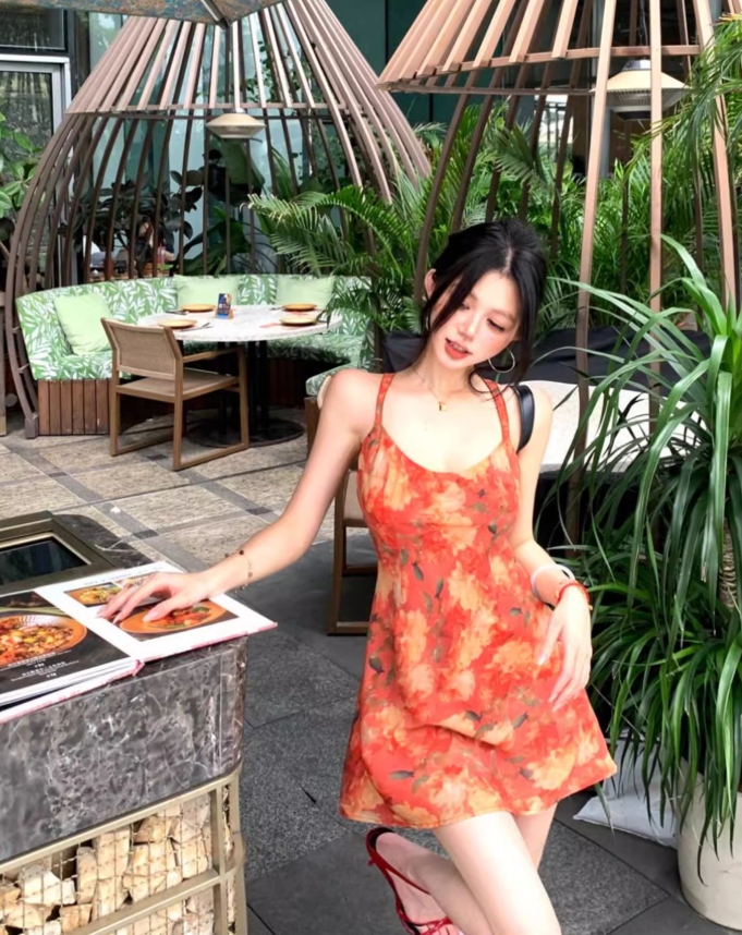 Vintage Backless Floral Print A-Line Skirt Vibrant Fitting Halter Short Dress AP0616