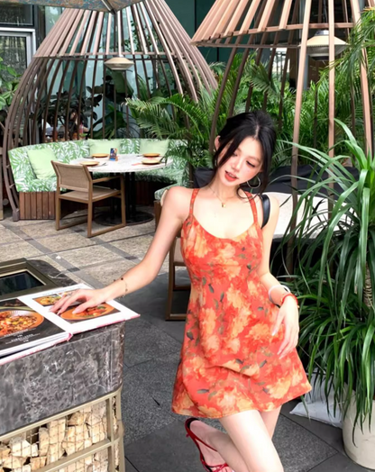 Vintage Backless Floral Print A-Line Skirt Vibrant Fitting Halter Short Dress AP0616