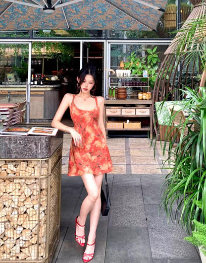 Vintage Backless Floral Print A-Line Skirt Vibrant Fitting Halter Short Dress AP0616