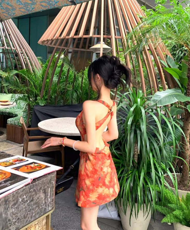 Vintage Backless Floral Print A-Line Skirt Vibrant Fitting Halter Short Dress AP0616