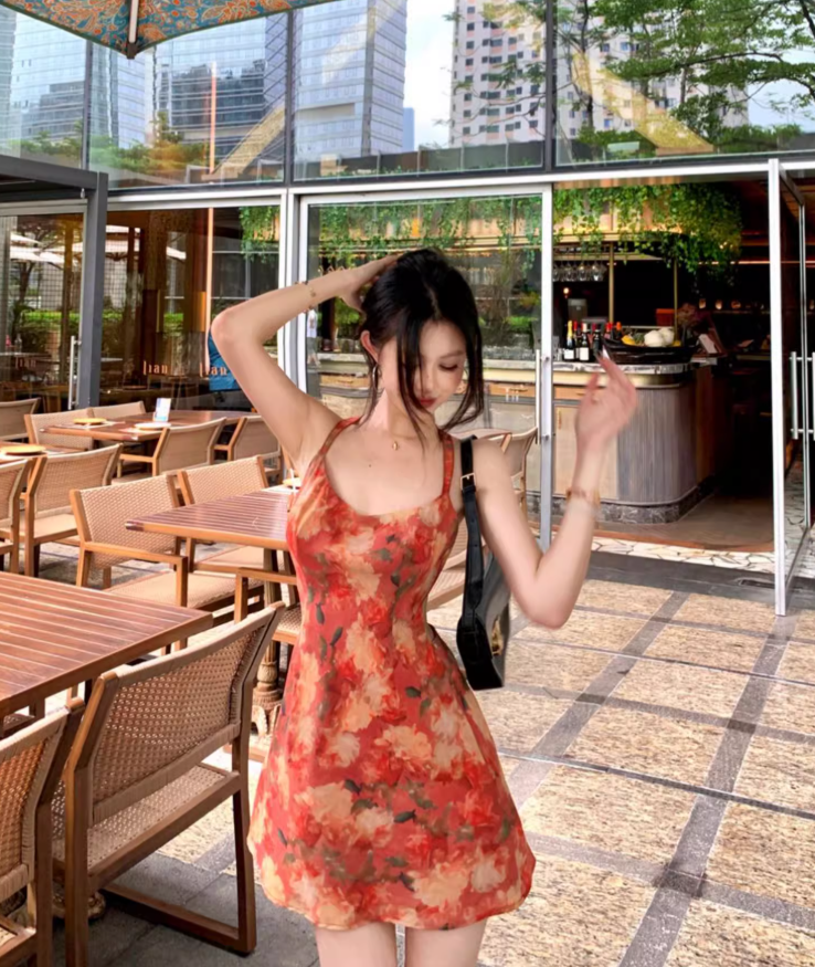 Vintage Backless Floral Print A-Line Skirt Vibrant Fitting Halter Short Dress AP0616