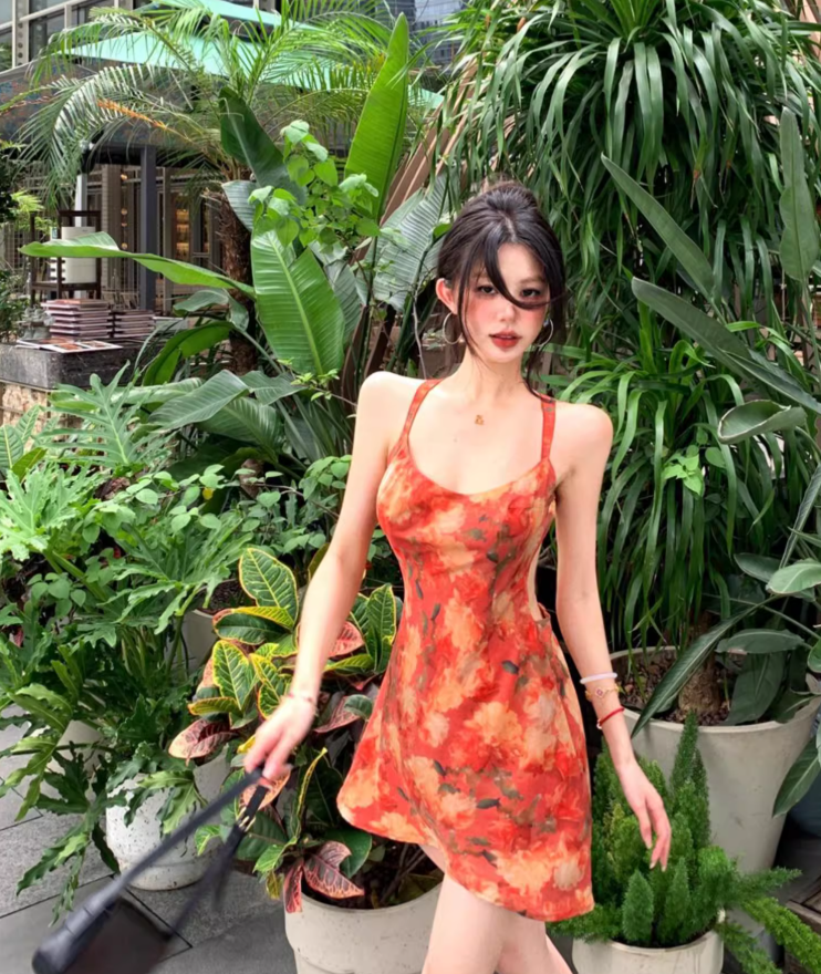 Vintage Backless Floral Print A-Line Skirt Vibrant Fitting Halter Short Dress AP0616