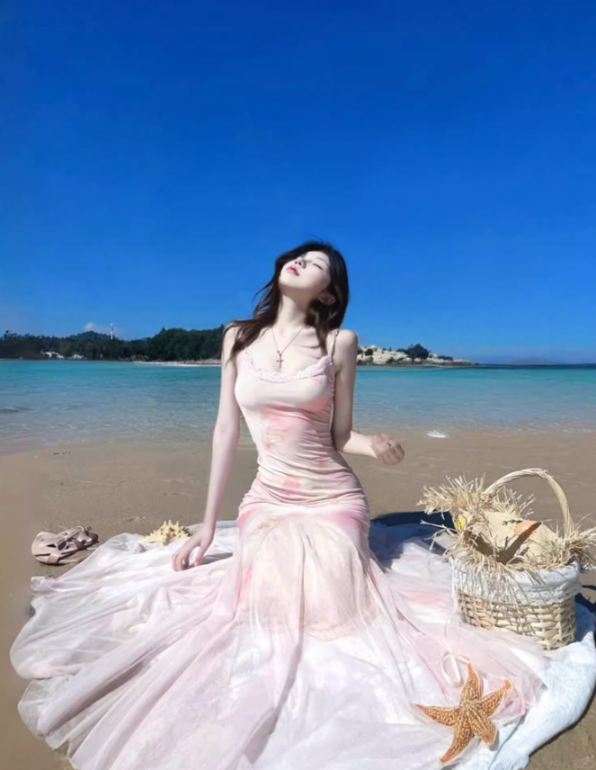 Floral Print Bodycon Summer Tulle Trimmed Mermaid Dress Spaghetti Strap Cute Long Dress AP0617