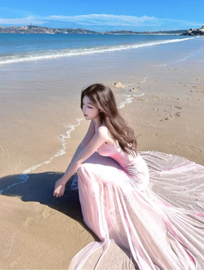 Floral Print Bodycon Summer Tulle Trimmed Mermaid Dress Spaghetti Strap Cute Long Dress AP0617