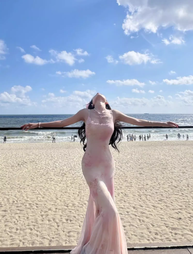 Floral Print Bodycon Summer Tulle Trimmed Mermaid Dress Spaghetti Strap Cute Long Dress AP0617