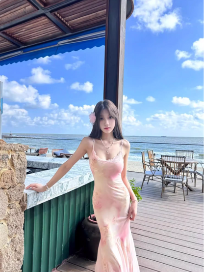 Floral Print Bodycon Summer Tulle Trimmed Mermaid Dress Spaghetti Strap Cute Long Dress AP0617