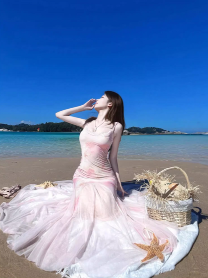 Floral Print Bodycon Summer Tulle Trimmed Mermaid Dress Spaghetti Strap Cute Long Dress AP0617