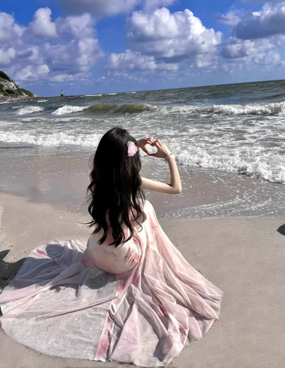 Floral Print Bodycon Summer Tulle Trimmed Mermaid Dress Spaghetti Strap Cute Long Dress AP0617