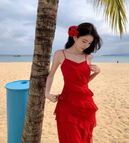 Elegant High-Slit Ruffles Hem Summer Maxi Dress Spaghetti Strap Sexy Long Dress AP0618