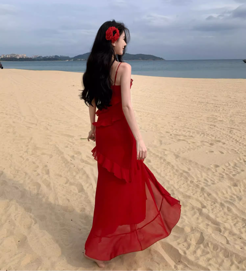 Elegant High-Slit Ruffles Hem Summer Maxi Dress Spaghetti Strap Sexy Long Dress AP0618