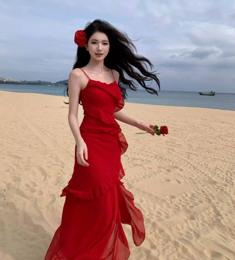 Elegant High-Slit Ruffles Hem Summer Maxi Dress Spaghetti Strap Sexy Long Dress AP0618