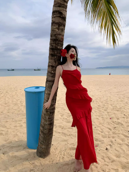 Elegant High-Slit Ruffles Hem Summer Maxi Dress Spaghetti Strap Sexy Long Dress AP0618