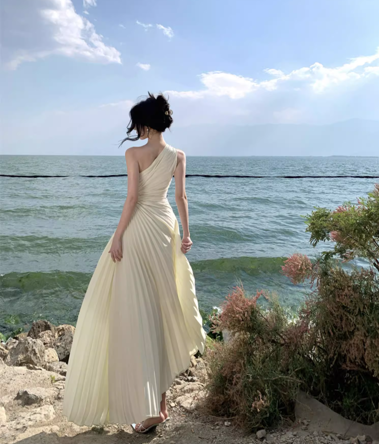 Chic Open-Waist One Shoulder Graceful Sleeveless Maxi Dress Pressed Pleats Long Dress AP0620