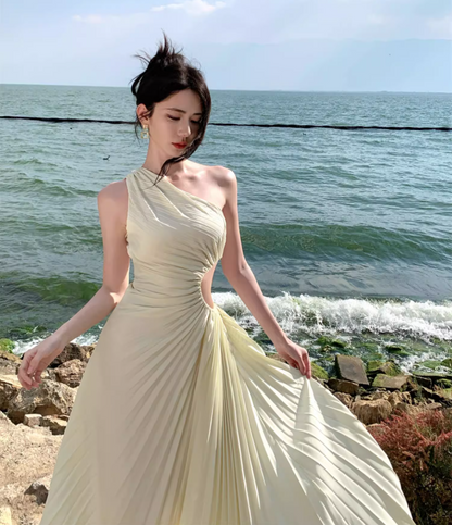 Chic Open-Waist One Shoulder Graceful Sleeveless Maxi Dress Pressed Pleats Long Dress AP0620