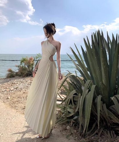 Chic Open-Waist One Shoulder Graceful Sleeveless Maxi Dress Pressed Pleats Long Dress AP0620